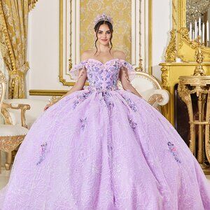 New Lilac Floral Applique Embellished Quinceanera Gown w/ Corset Bodice DQ 5127